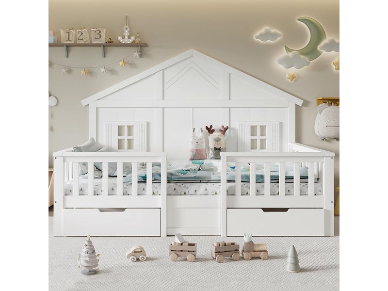 Lit avec rangement en bois lit simple enfant deux grands tiroirs roulettes fenêtres toit sommier à lattes stable pin mdf contreplaqué blanc 90x200cm  - Conforama D
