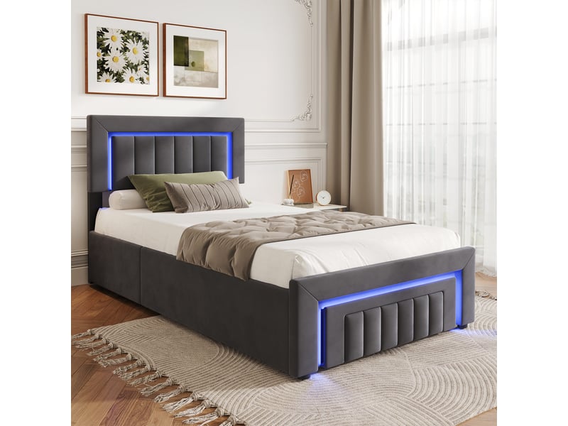  Lit avec rangement 90 x 200 cm en velours gris, lit simple avec coffre hydraulique, tiroir et led, sans matelas  - Conforama C