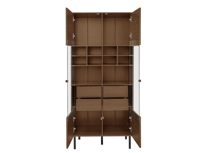  Meuble vitrine 75,5x35x164,5 cm avec porte en verre, tiroirs cachés, tablettes et pieds métal 16,6 cm, mdf, marron  - Conforama E
