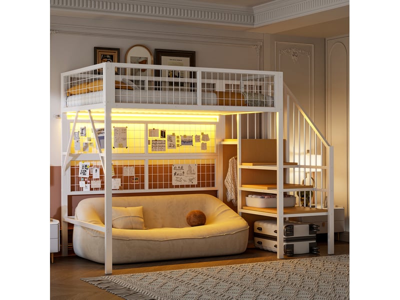  Lit mezzanine enfant 90x200 cm avec escalier et led, coloris blanc  - Conforama B