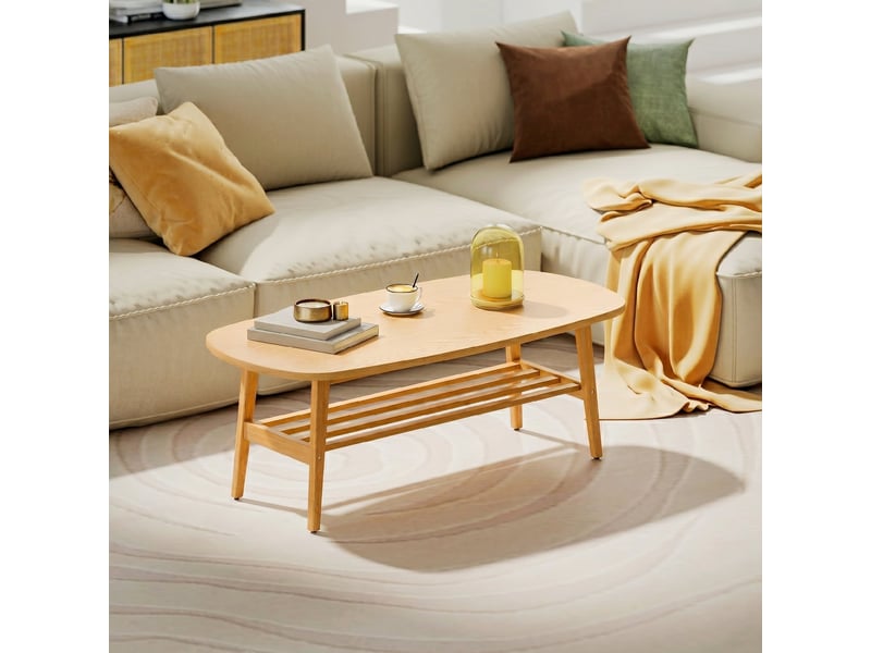  Table basse à 2 niveaux, bois naturel, table de salon moderne avec étagère inférieure ouverte et pieds en bois d'hévéa  - Conforama W