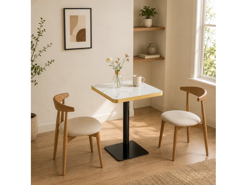  Table de salle à manger carrée pour 2 à 4 personnes avec pied central en métal, effet marbre blanc, 60 × 60 × 74 cm  - Conforama C