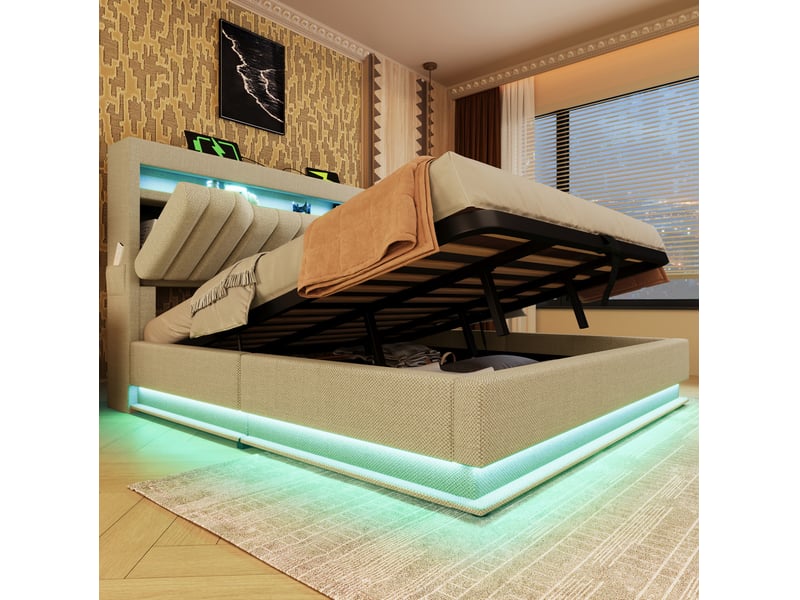  Lit rembourré 160 × 200 cm 2 places avec rangement, led, usb et type-c, matelas inclus, beige en lin  - Conforama C