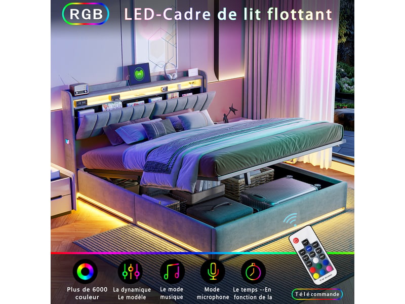  Lit double coffre 160 x 200 avec sommier, sorvaglos, lit rembourré avec led et usb, lit adulte avec hydraulique, velours, gris  - Conforama R