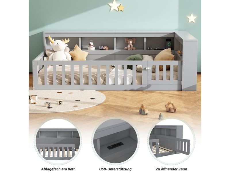  Lit banquette 90*200cm, gris, sans matelas, sommier inclus, coffre latéral, prise et usb, pour chambre  - Conforama D