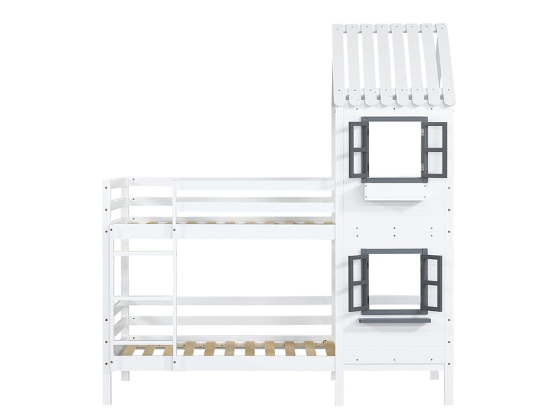  Lit superposé avec rambarde et fenêtre, lit cabane, lit enfant avec protection antichute et rambarde, cadre en pin, blanc (90x200cm) [29590567waa]  - Conforama D