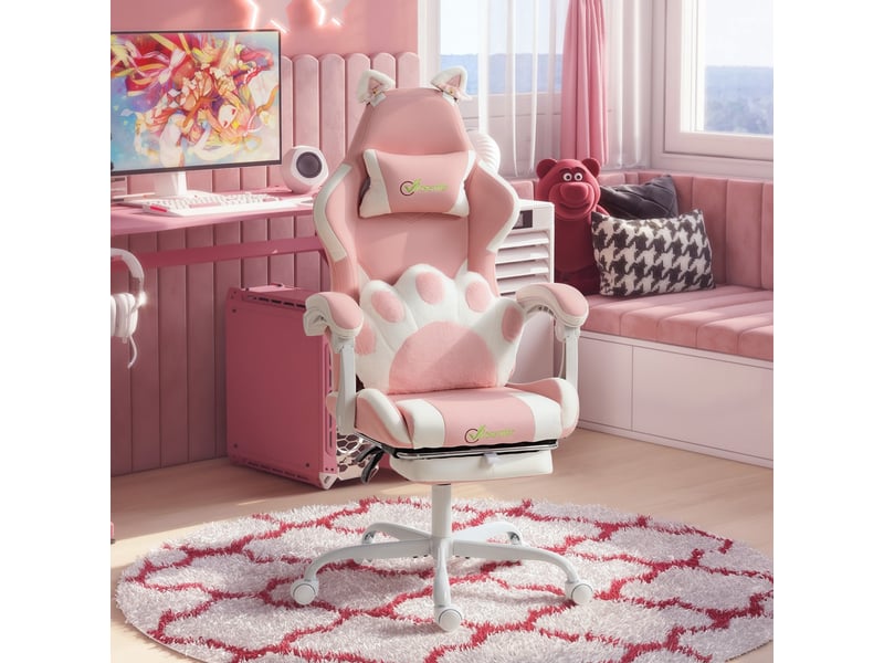 Fauteuil de jeu ergonomique avec repose-pieds inclinable rose  - Conforama D