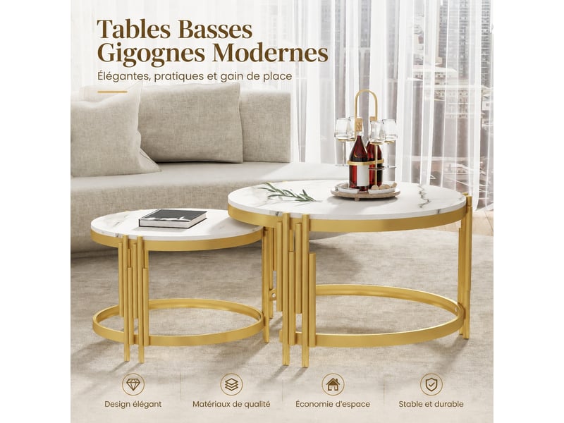  Ensemble de 2 tables basses rondes gigognes effet marbre blanc et métal doré, ø 71,5 et 51,5 cm  - Conforama D