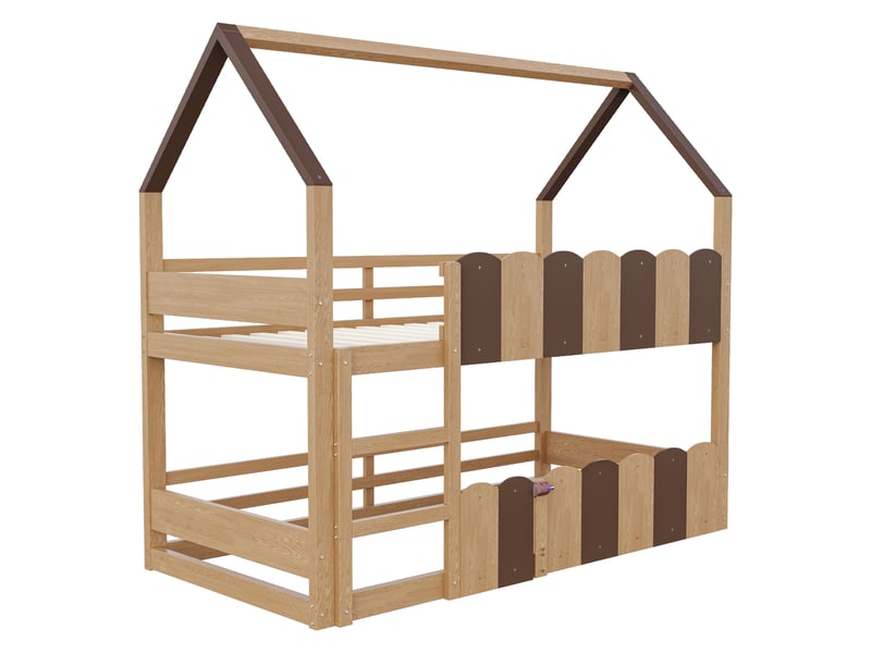  Lit enfant superposé 90*200 cm bois naturel, forme maison, barrières de sécurité hautes et sommier à lattes  - Conforama E