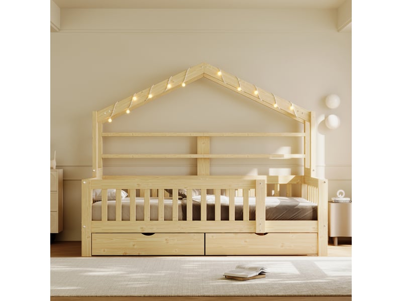 Lit cabane enfant 90x200 cm, lit au sol, tiroirs de rangement, barrière de sécurité, éclairage led, support à lattes stable, pin naturel CozyNest - Conforama D