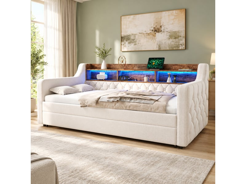  Lit gigogne simple 90×190 cm avec rangement, usb et led réglable - okmyhome- en velours beige, sans matelas  - Conforama B