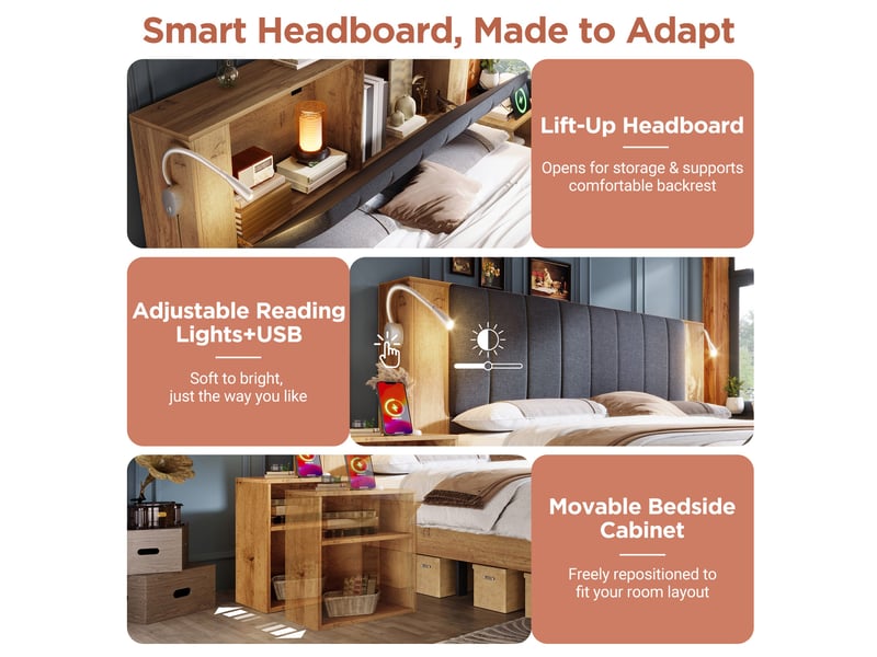  Lit avec rangement 160x200 cm, étagères, éclairage led, ports usb, tables de chevet, banc de lit, pour chambre adulte - chêne  - Conforama E