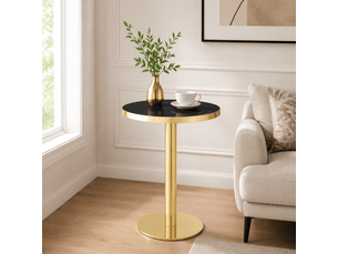 Table d'appoint ronde moderne avec cadre en acier inoxydable doré, plateau effet marbre, salon luxe, socle stable