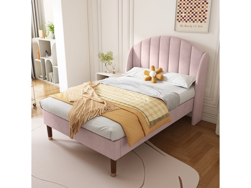  Lit simple enfant 90x200 cm avec tête de lit rembourrée, sommier à lattes, montage facile,velours, rose evarich - Conforama B