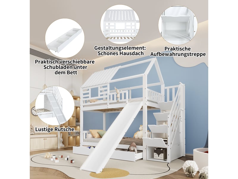  Lit superposé enfant 90x200 cm blanc, maison avec toboggan, escalier rangement et tiroir  - Conforama E