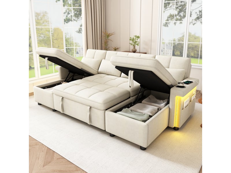 Canapé d'angle panoramique convertible 4 places polyester led beige coffre de rangement - Conforama D