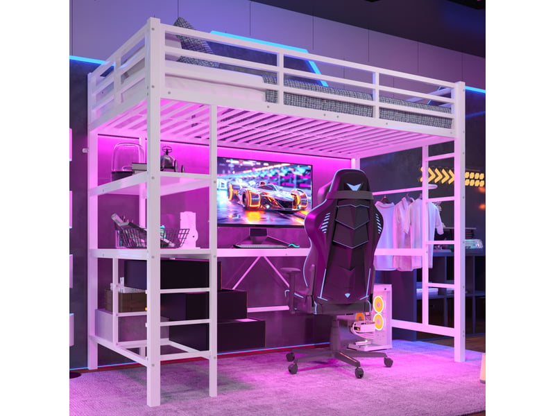  Lit mezzanine simple 90x200cm, bureau, garde-corps, escalier, tiroirs, avec éclairage led incluse, prise+usb, métal+mdf, blanc sans matelas  - Conforama D