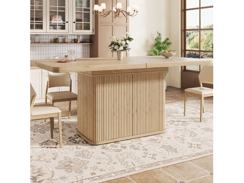 Table à manger extensible 140-180x80x76,5 cm, rangement caché, relief vertical, mdf et métal, décor bois clair - Conforama E