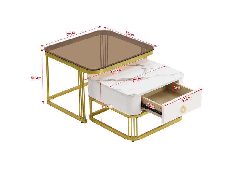  Lot de 2 tables basses gigognes avec tiroir, verre brun et effet marbre blanc  - Conforama E