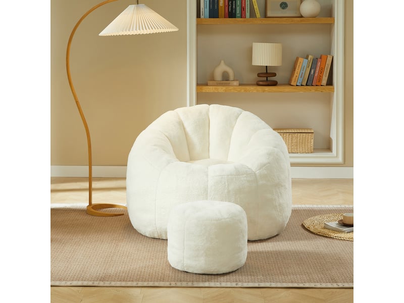  Pouf poire avec repose-pieds 105x105x70 cm, forme fleur, mousse et polyester blanc cassé  - Conforama D