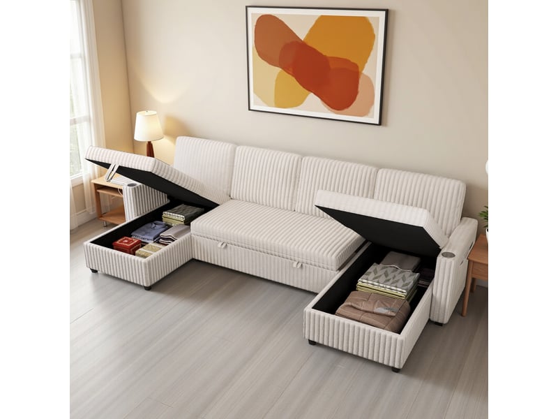  Canapé panoramique convertible 6 places en u 271x131x83 cm canapé-lit modulable 2 méridiennes avec rangement ports usb et type-c velours côtelé beige  - Conforama E
