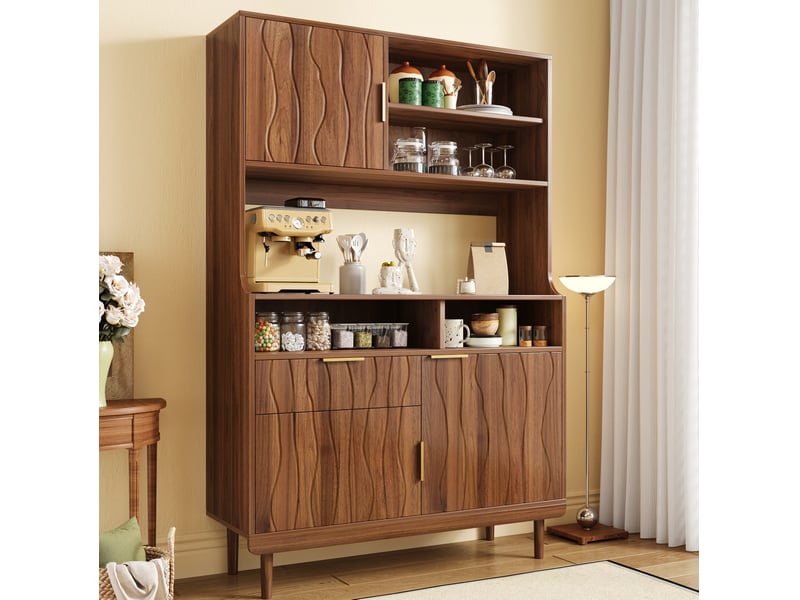  Buffet haut modenvie 100 x 32 x 170 cm avec tiroir, portes et étagères ouvertes, finition noyer  - Conforama D