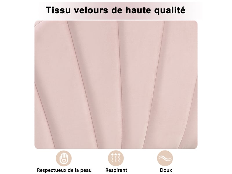  Lit double 190×140 cm en velours rose, tête de lit coquille réglable, sommier à lattes, sans matelas  - Conforama E