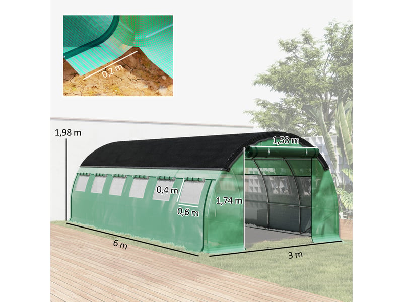  Serre tunnel de 6 x 3 x 2 m avec filet de protection solaire, parois latérales enroulables, bâche en plastique, structure en acier, verte  - Conforama E