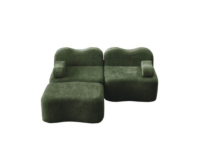  Canapé d'angle modulaire 2 places avec pouf, assise profonde et coussins d'accoudoir, en velours vert  - Conforama A