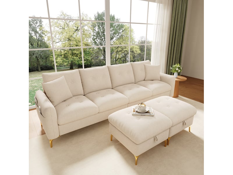  Canapé modulable 4 places 263x137x85 cm avec 2 poufs de rangement beige  - Conforama E