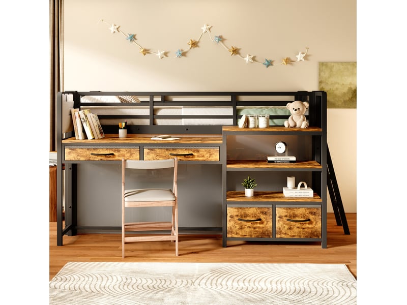 Lit mezzanine 90x200 cm noir avec bureau, rangements et éclairage led - Conforama D