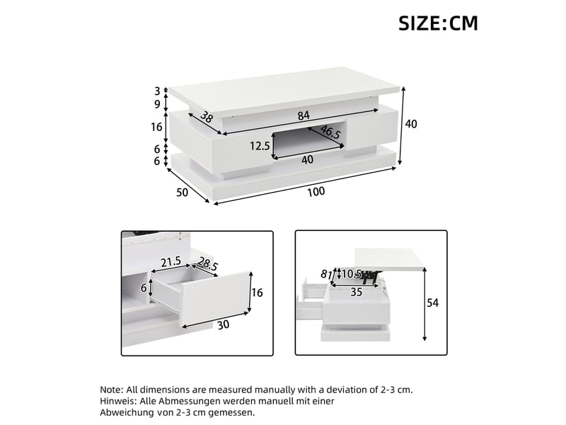  Table basse relevable avec 2 tiroirs, rangement dissimulé, led et port usb pour salon, 100 × 50 × 40 cm  - Conforama D