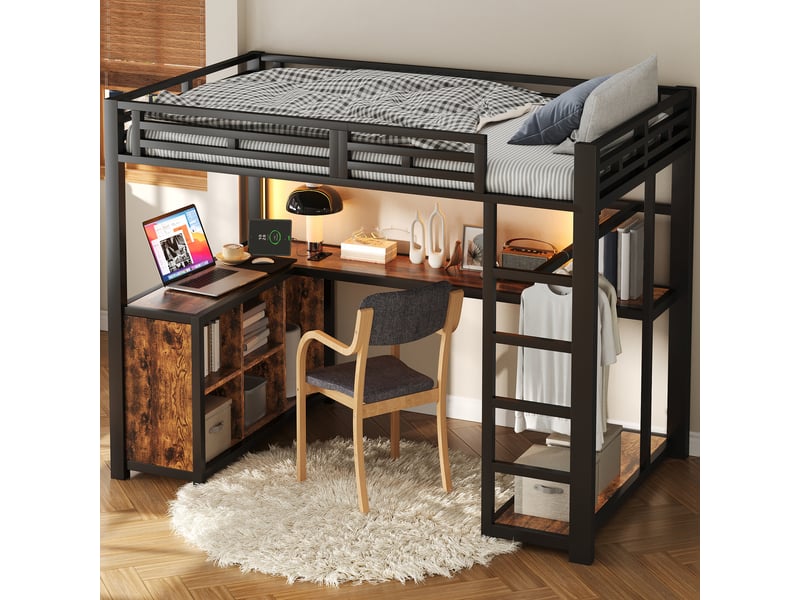 Lit mezzanine 140x200 cm noir, avec bureau, led, usb, rangements, penderie, structure métal, sommier inclus, sans matelas - Conforama W