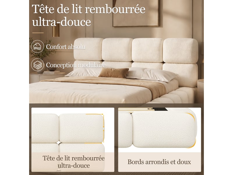  Lit coffre 160x200 cm blanc, tissu bouclé, sommier relevable hydraulique, design nuage, tête de lit rembourrée 12 cm, sommier à lattes inclus  - Conforama E