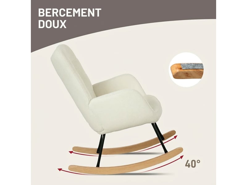  Fauteuil à bascule blanc et fauteuil de relaxation pour salon, tissu aspect polaire berbère, pieds en bois, 120 kg max  - Conforama R