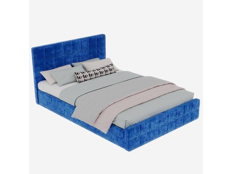  Lit coffre rembourré velours bleu avec tête de lit espace de rangement pour matelas 140x200 cm  - Conforama A