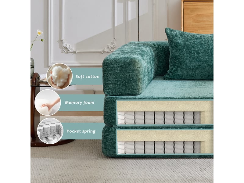  Canapé d'angle, canapé convertible, en tissu chenille, vert foncé, pour salon, adapté à l'espace de vie, chambre  - Conforama E