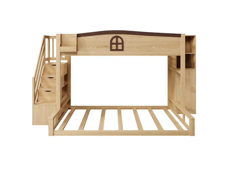  Lit superposé, 90×200 et 140×200 cm, avec étagère-escalier, armoire, espace de rangement et fenêtre décorative, coloris bois  - Conforama A