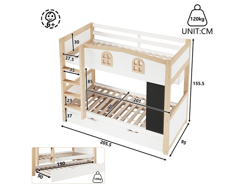  Lit superposé 90x200 cm - avec lit gigogne, espace de rangement et tableau noir amovible - mdf - blanc (sans matelas)  - Conforama C