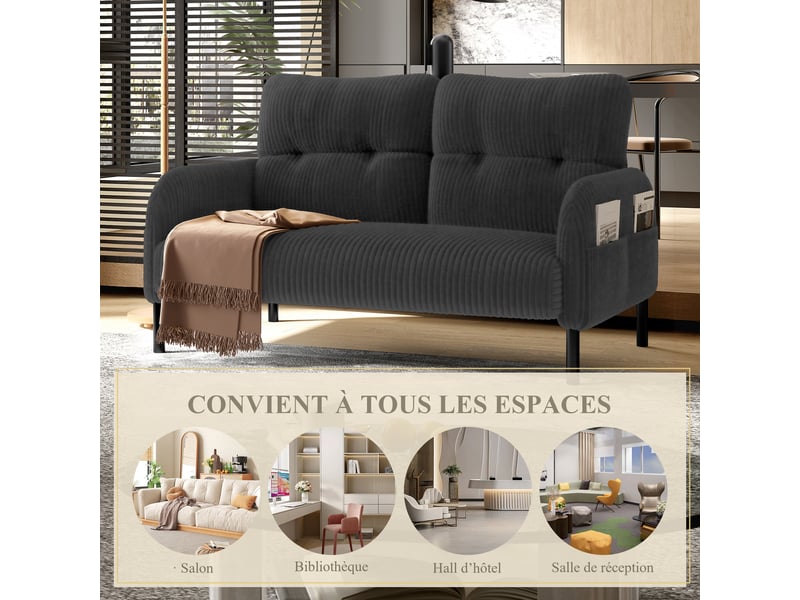  Canapé droit 2 places fixe en velours côtelé gris 120 x 75 x 79 cm avec poches latérales, salon bureau chambre 120x75x79cm - Conforama W