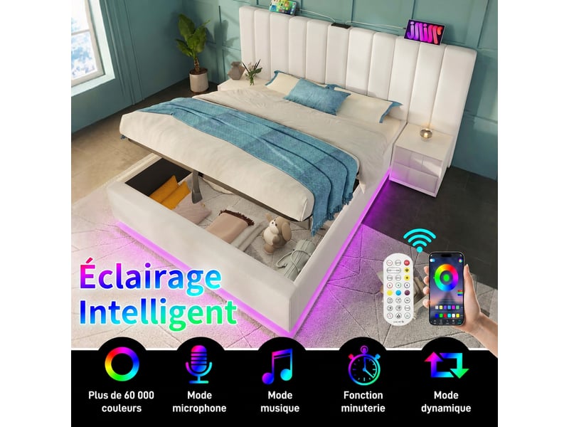  Lit double 180x200 cm, lit coffre avec rangement hydraulique, pu blanc, led et usb-c  - Conforama D