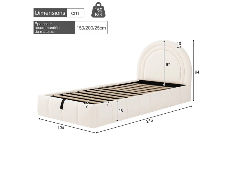  Lit enfant 90x200 lit coffre avec rangement tissu bouclette beige  - Conforama C