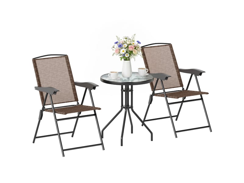  Ensemble de mobilier d'extérieur 3 pièces comprenant une table basse et deux chaises, pliable et réglable, en textilène marron.  - Conforama B