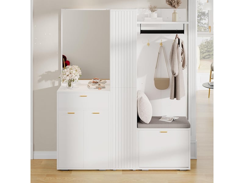 Vestiaire compact étroit avec miroir tringle à vêtements 3 portes étagère à chaussures basculante banc et tiroir blanc  - Conforama E