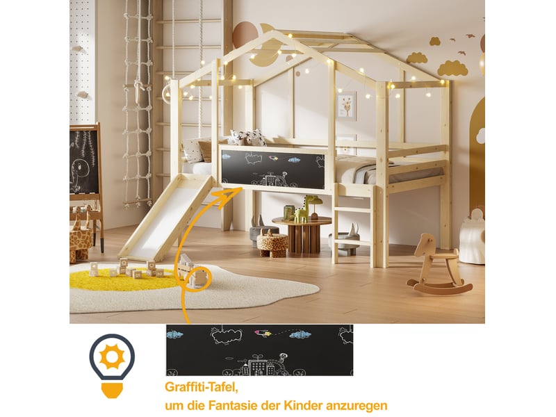  Lit cabane enfant surélevé 90x200 cm avec toboggan, échelle et tableau, coloris bois naturel  - Conforama D