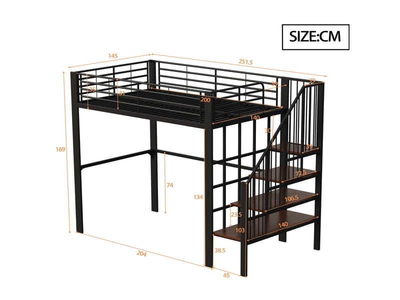  Lit mezzanine 140 x 200 cm gain de place rangement sous-lit métal et bois robuste escalier intégré noir sans matelas  - Conforama C