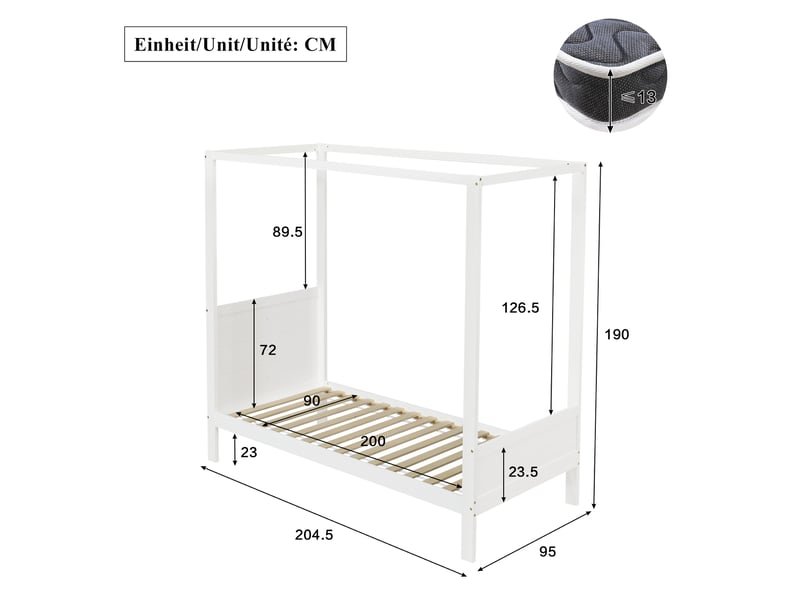 Lit cabane enfant 90 x 200 cm en bois et mdf blanc avec structure personnalisable, tête de lit surélevée et rangement sous le lit sans matelas  - Conforama E
