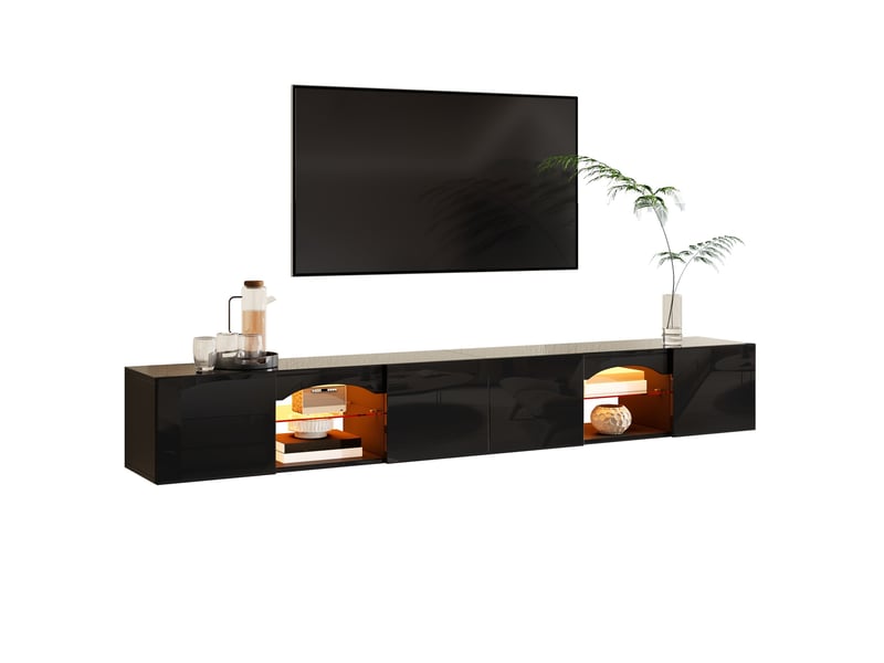  Meuble tv bas modenvie 200 x 30 x 28 cm 4 portes led contrôlée par application noir brillant  - Conforama A