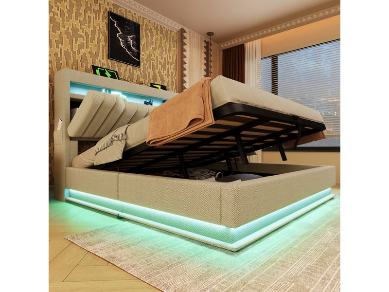  Lit double 140x200 cm avec coffre de rangement, tête de lit led et ports usbtype-c, tissu lin beige  - Conforama E