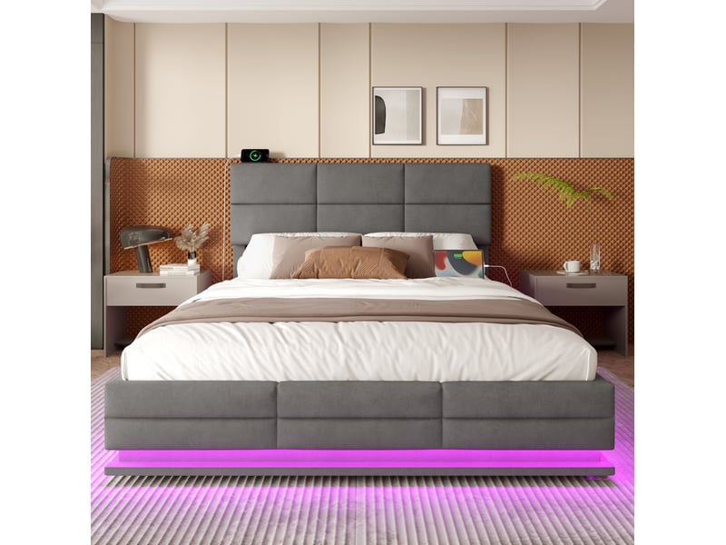  Lit coffre 2 places 180x200 cm, sans matelas, velours gris, led intégré, usb, doté de tête de lit ajustable en hauteur  - Conforama D